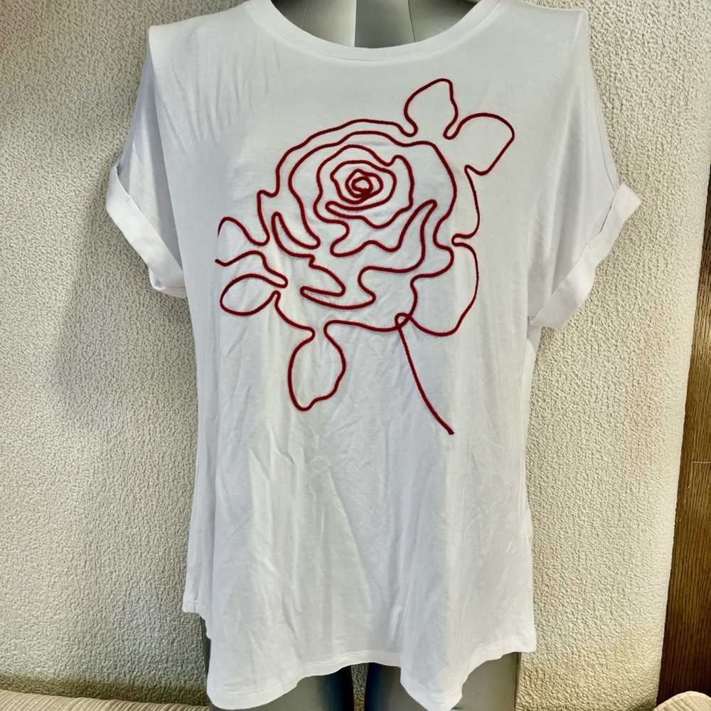 White Short Sleeve Women's Tee with Red Rose Outline